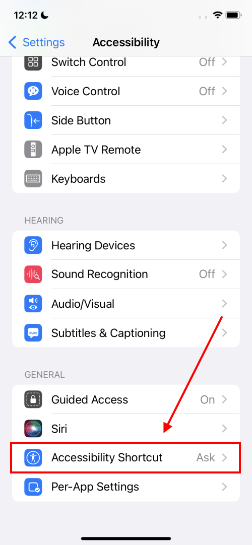 Scroll to the bottom and tap Accessibility Shortcut